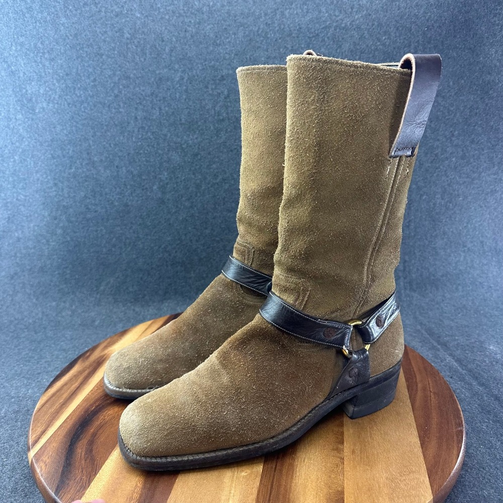 Vintage 1970s Mens Tan Suede Harness Boots Square Toe Brown Leather Straps 9.5 - Picture 4 of 12
